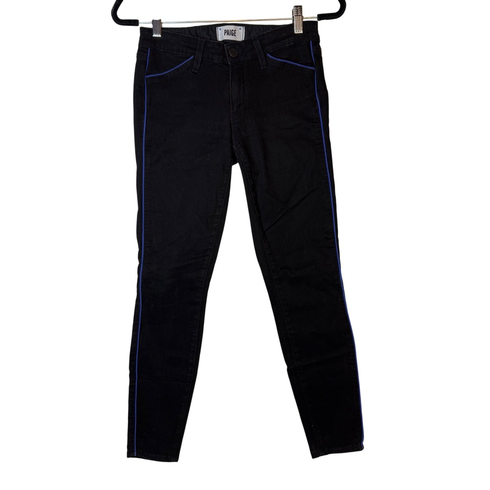 PAIGE‎ Black Skinny Jeans Blue Piping Trim Women's Size 27 Mid Rise Preppy USA